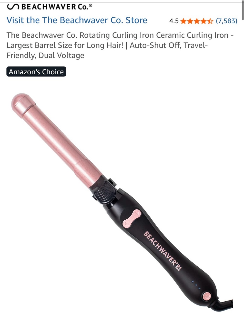 Used once BEACHWAVER B1 Pink Ceramic Rotating Curling Iron for Women